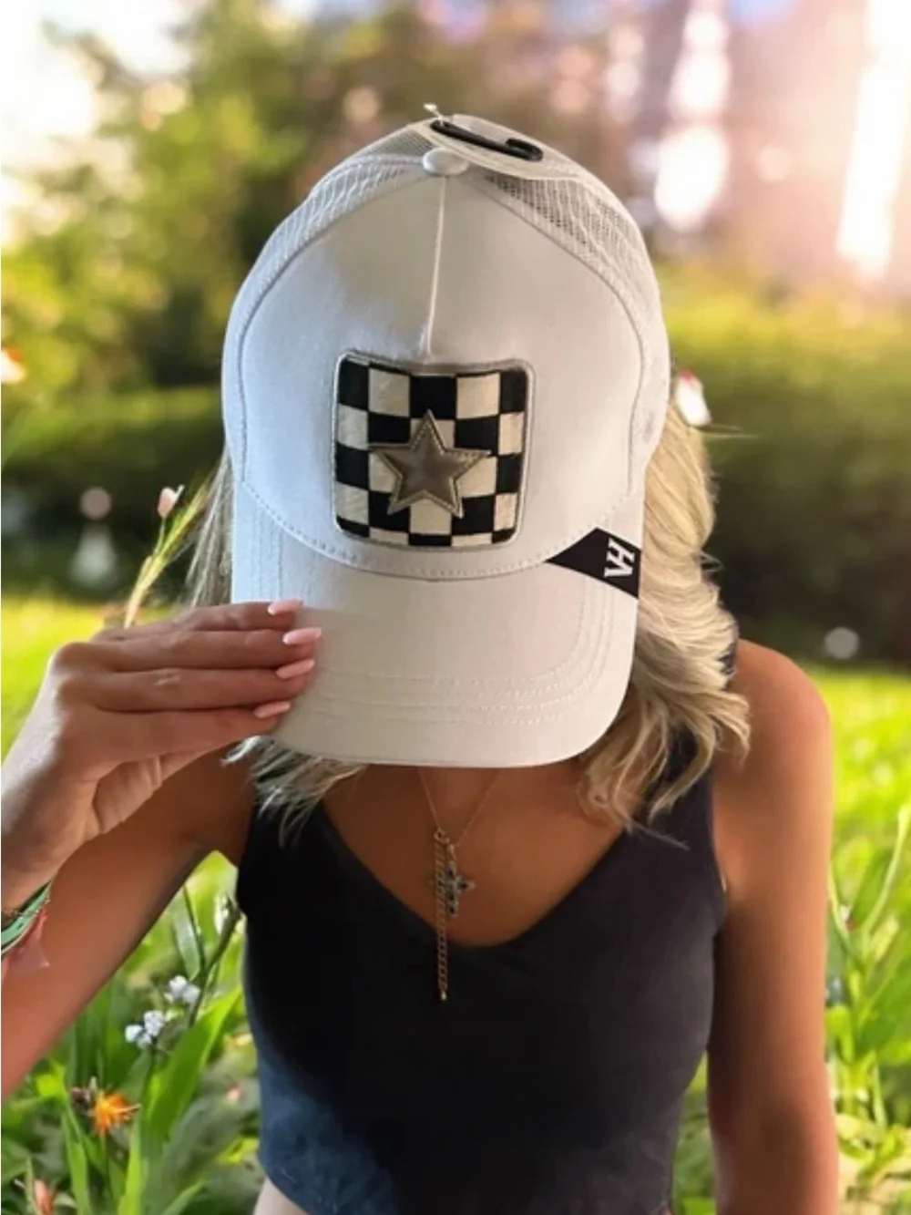 White Cap with Checker Patch and Washed Gold Star Vintage Havana Trucker Hat NWT